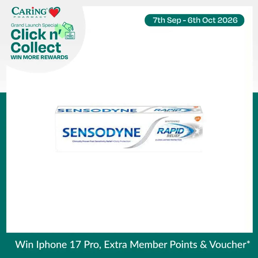 Sensodyne Rapid Relief Whitening toothpaste in a sleek tube for sensitive teeth and whitening benefits
