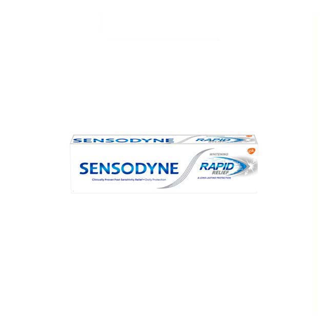 Sensodyne Rapid Relief Whitening toothpaste in a sleek tube for sensitive teeth and whitening benefits
