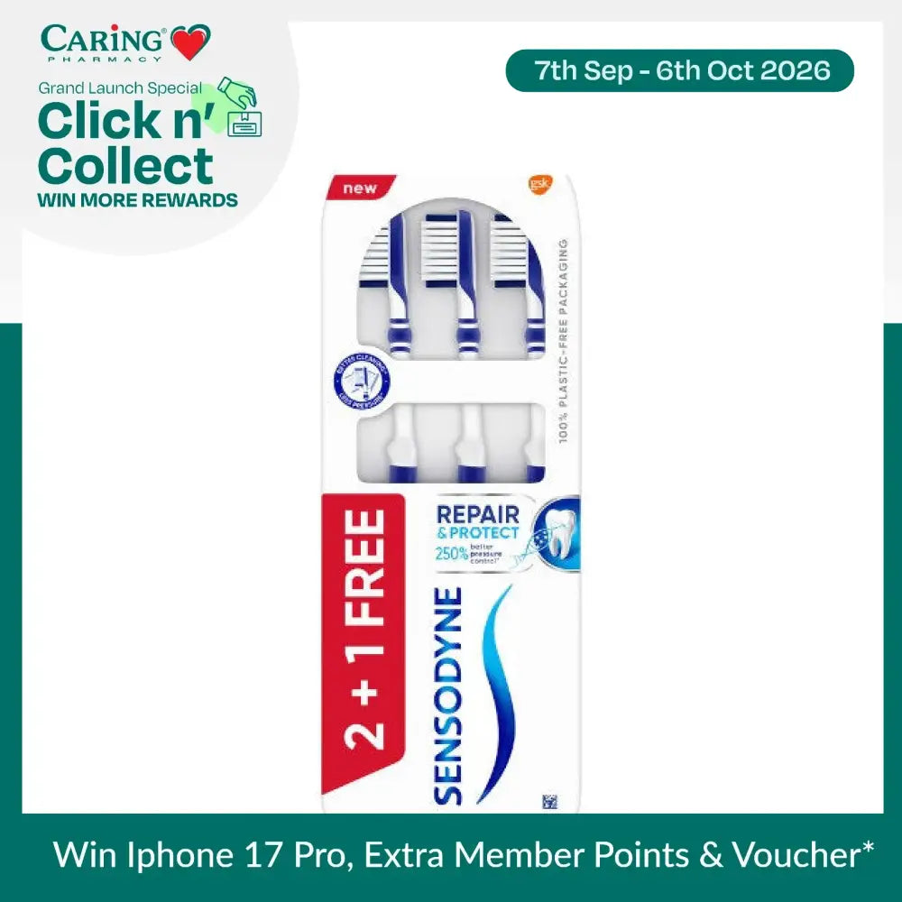Sensodyne Repair and Protect toothbrush soft pack with three brushes and one free option for sensitive teeth