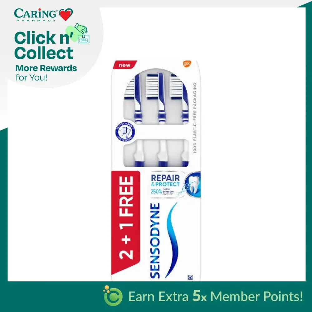 Sensodyne Repair and Protect toothbrush soft pack with three brushes and one free option for sensitive teeth