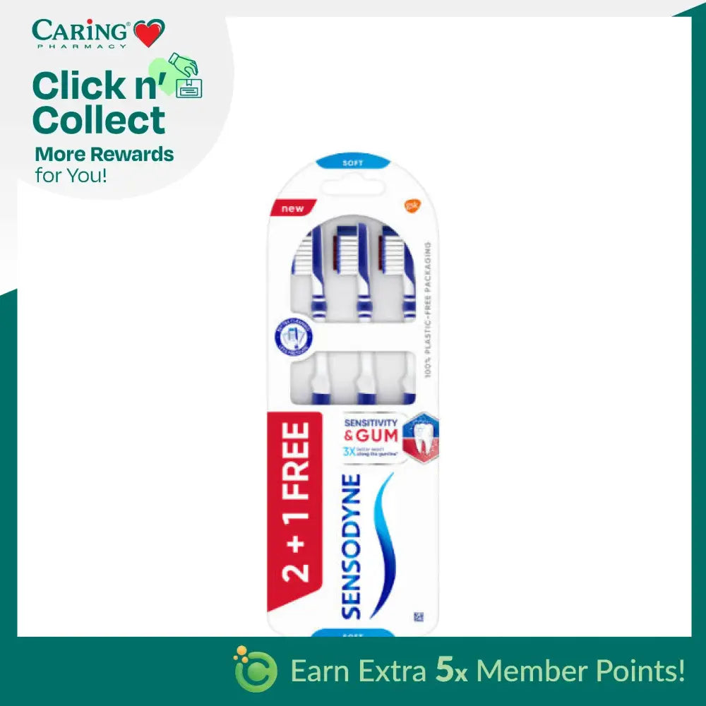 Sensodyne soft toothbrush for sensitive gums in a pack of three with a 2+1 free offer