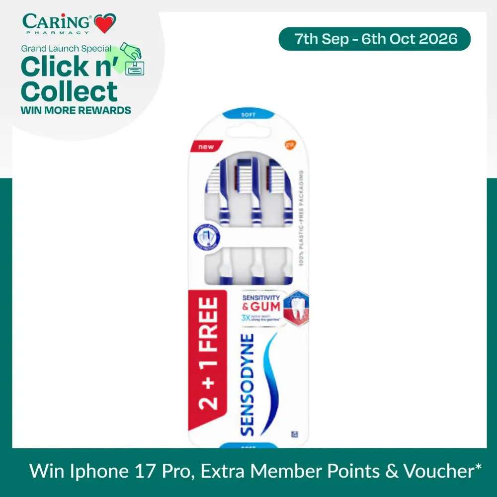 Sensodyne soft toothbrush for sensitive gums in a pack of three with a 2+1 free offer