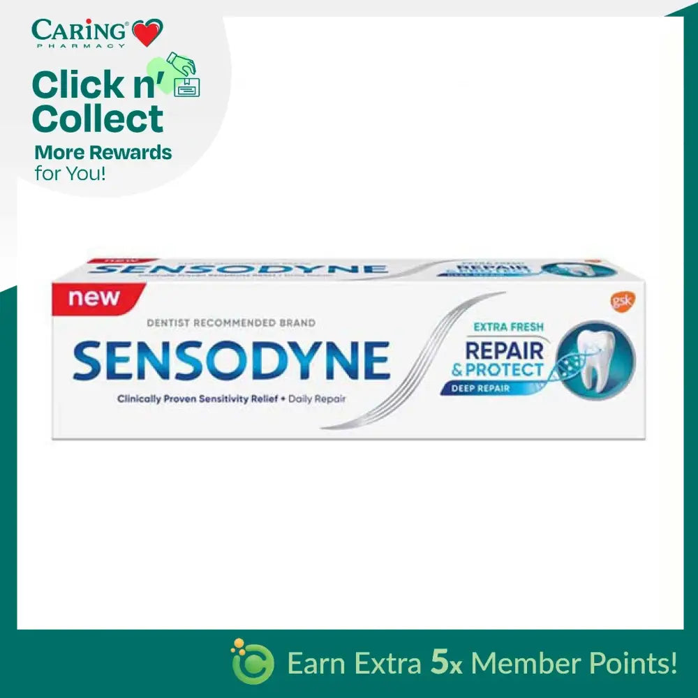 Sensodyne Extra Fresh Repair and Protect toothpaste in a white tube for sensitive teeth relief