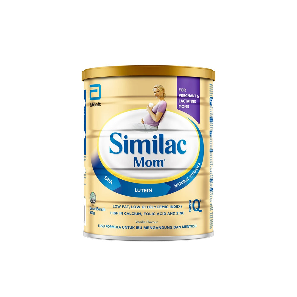 Similac Gold Mom 900g tin featuring DHA, Lutein, and natural ingredients for pregnant and lactating moms