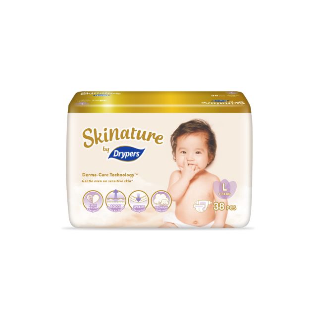 Skinature by Drypers diapers L size, featuring Dermo-Care Technology for sensitive skin, pack of 38 pieces