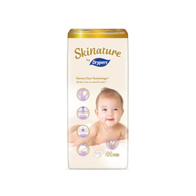 Skinature by Drypers M size diapers package featuring a baby and 44 pieces for gentle care