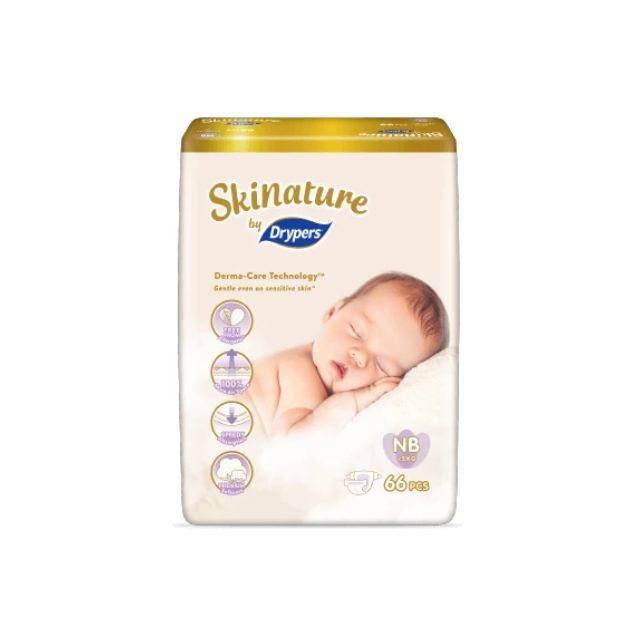 Skinature by Drypers newborn diapers pack with 66 pieces featuring Derma-Care Technology for sensitive skin