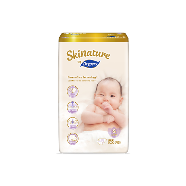 Skinature by Drypers S size diapers with Derm-Care Technology for sensitive skin, 58 count pack