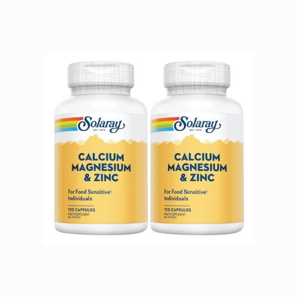Solaray calcium magnesium zinc supplements in two bottles, each with 120 capsules for food sensitive individuals