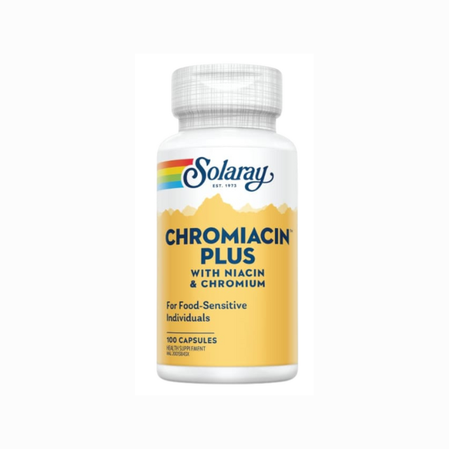 Solaray Chromiacin Plus benefits with Niacin and Chromium in a 100-capsule bottle for food-sensitive individuals
