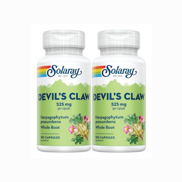 Solaray Devils Claw 525mg capsules in bottles featuring whole root herbal supplement for joint support