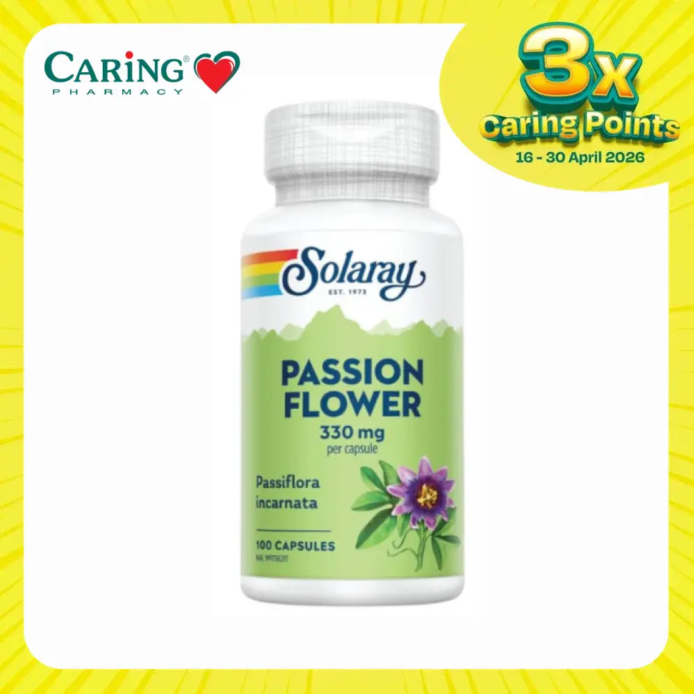 Solaray Passion Flower capsules containing 330 mg of Passion Flower in a bottle of 100 capsules