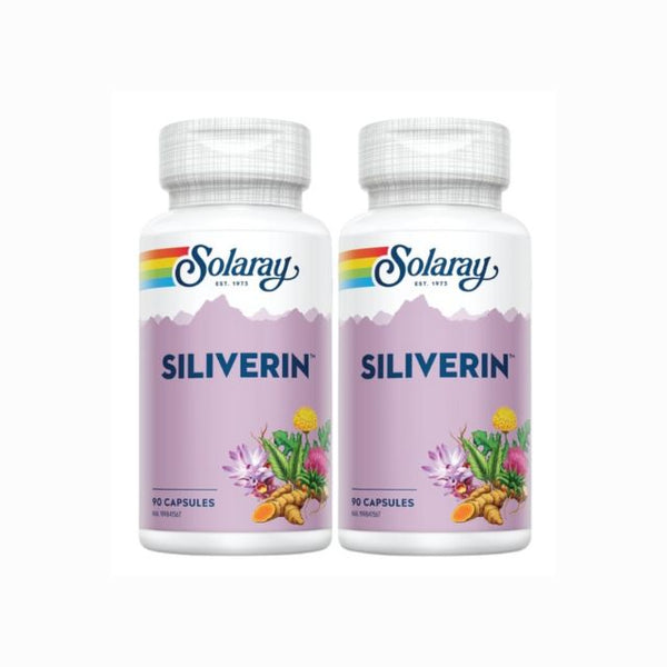 Solaray Siliverin liver supplement in two bottles containing 90 capsules each for liver health support