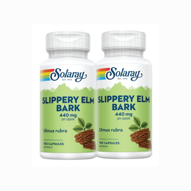 Solaray Slippery Elm Bark capsules featuring 440 mg of slippery elm bark per capsule in a pack of 100
