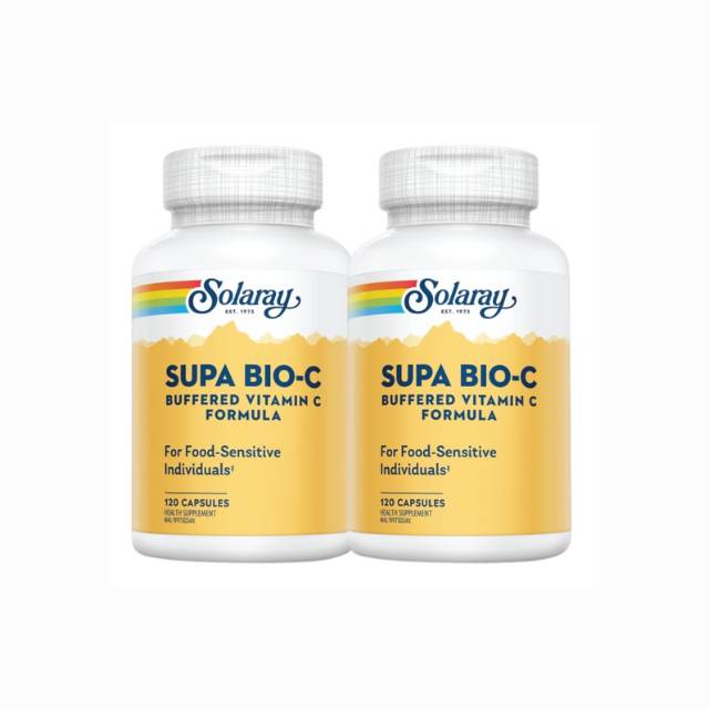 Solaray Supa Bio-C 500mg supplement in two bottles, featuring buffered Vitamin C formula for food-sensitive individuals