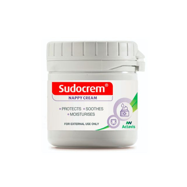 Sudocrem nappy rash cream in a white container designed to protect and soothe baby skin
