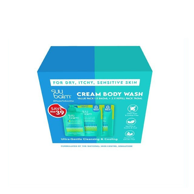 Suu Balm Cream Body Wash value pack includes two 640ml bottles and two 70ml refill packs for sensitive skin