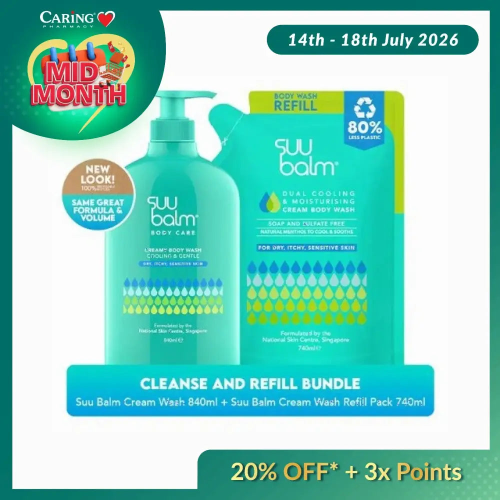 Suu Balm body wash bundle featuring 840ml body wash and refill pack for sensitive skin care