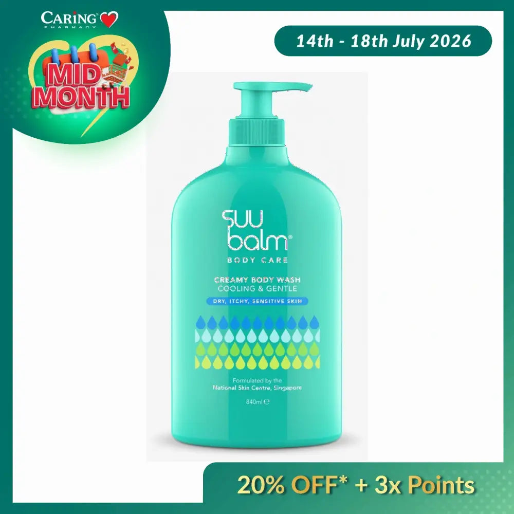 SUU BALM Creamy Body Wash in teal bottle, designed for dry, sensitive skin, offering cooling moisturizing body wash