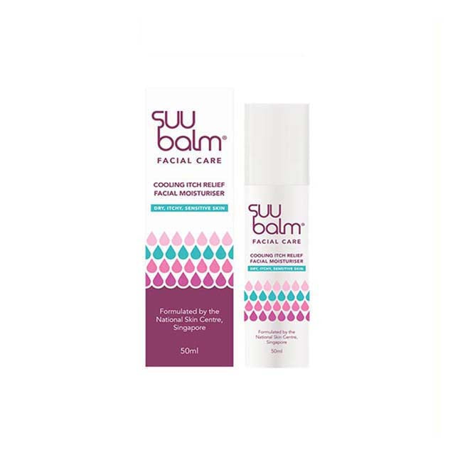 Suu Balm facial moisturizer for itchy skin in a 50ml bottle with cooling relief features