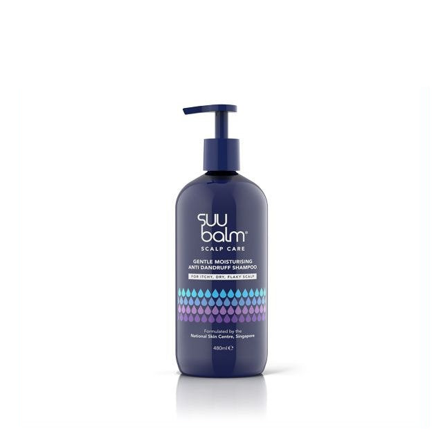 SUU BALM gentle anti-dandruff shampoo for sensitive scalp in a 480ml bottle with pump action