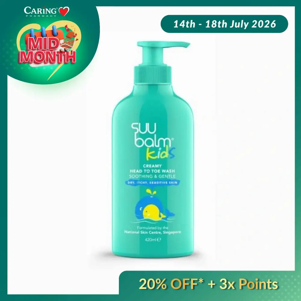 Suu Balm Kids Gentle Head to Toe Wash in a turquoise bottle for sensitive skin with a pump dispenser