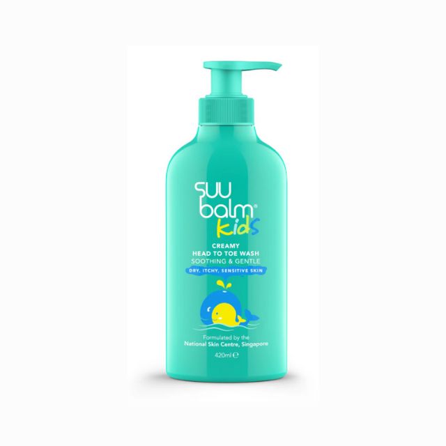 Suu Balm Kids Gentle Head to Toe Wash in a turquoise bottle for sensitive skin with a pump dispenser