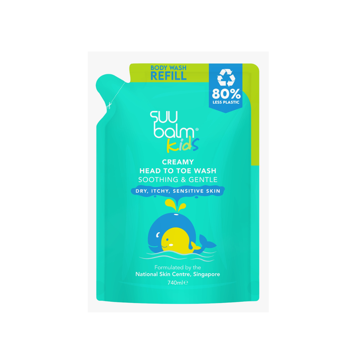 Suu Balm Kids head to toe wash refill in a blue pouch for soothing dry, itchy, sensitive skin