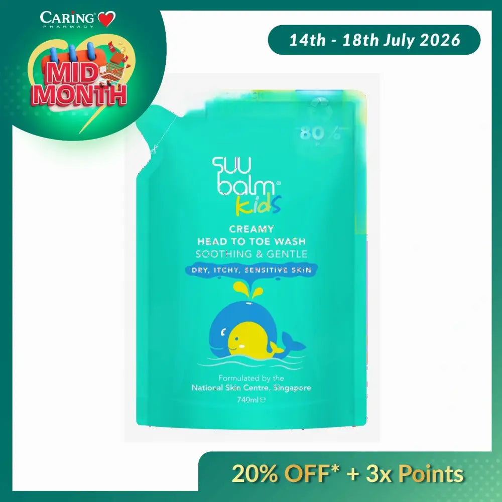Suu Balm Kids head to toe wash refill in a blue pouch for soothing dry, itchy, sensitive skin