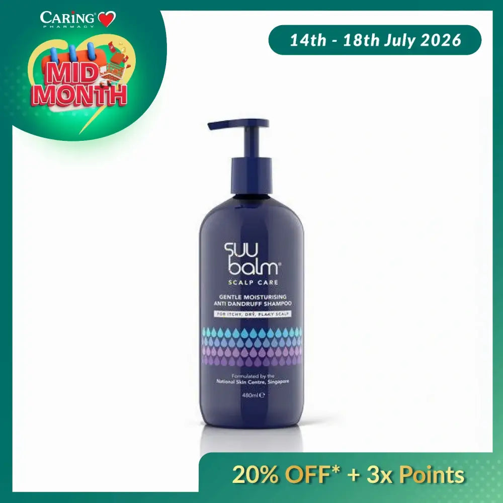 SUU BALM gentle anti-dandruff shampoo for sensitive scalp in a 480ml bottle with pump action