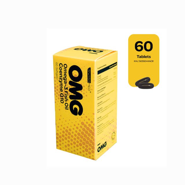 Swissmed OMG Omega 3 supplement box with 60 tablets featuring fish oil and Coenzyme Q10