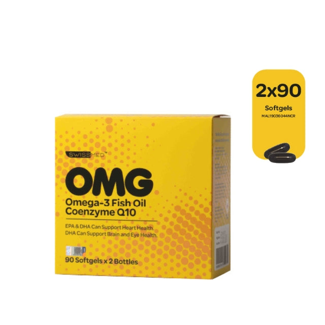 SWISSMED Omega 3 90 softgels packaging featuring two bottles for heart and brain health support