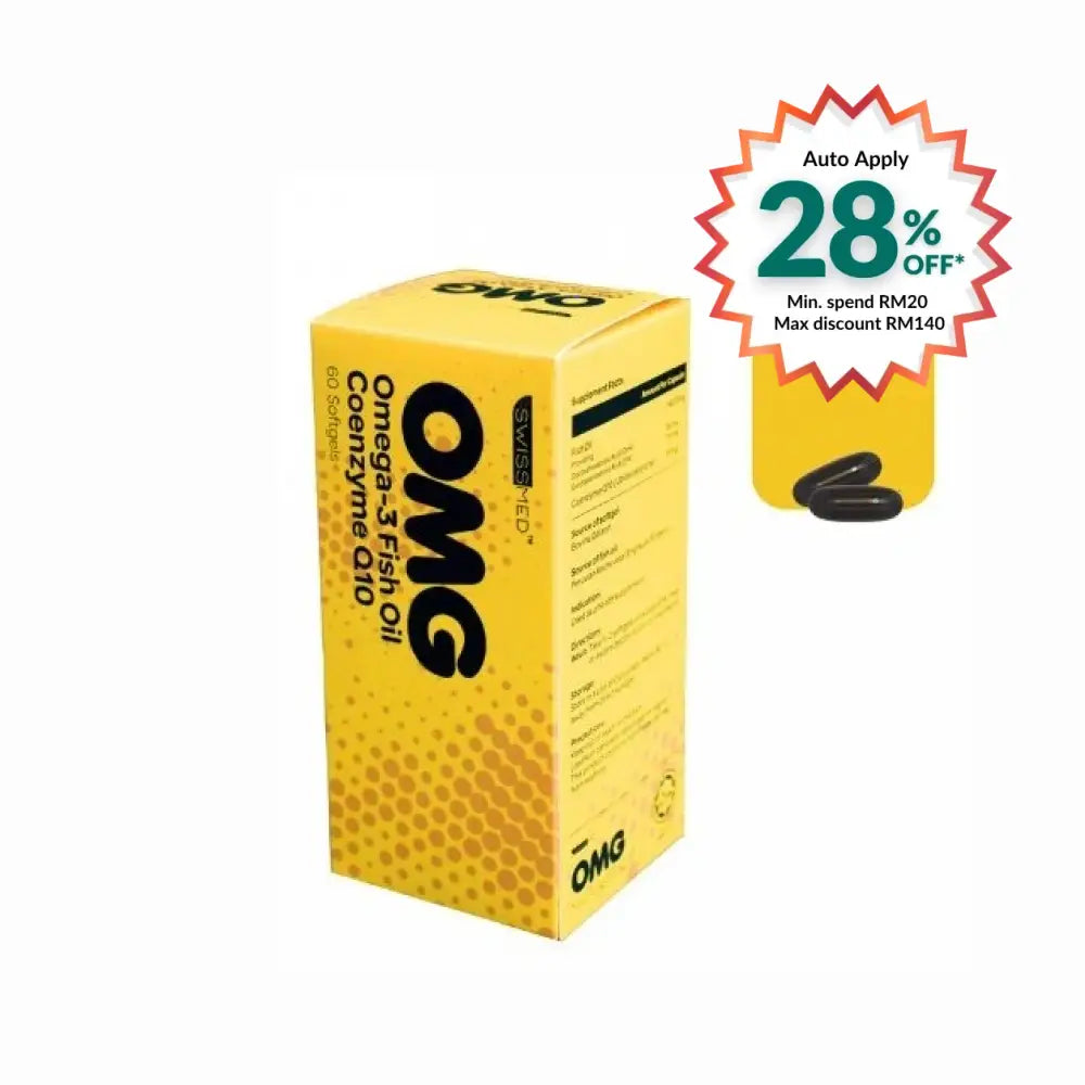 Swissmed OMG Omega 3 supplement box with 60 tablets featuring fish oil and Coenzyme Q10