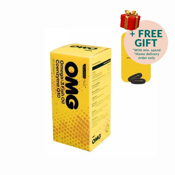 Swissmed OMG Omega 3 supplement box with 60 tablets featuring fish oil and Coenzyme Q10