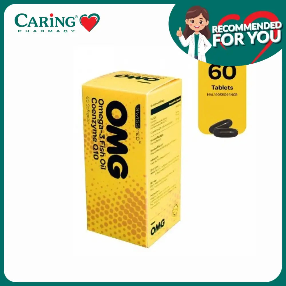 Swissmed OMG Omega 3 supplement box with 60 tablets featuring fish oil and Coenzyme Q10
