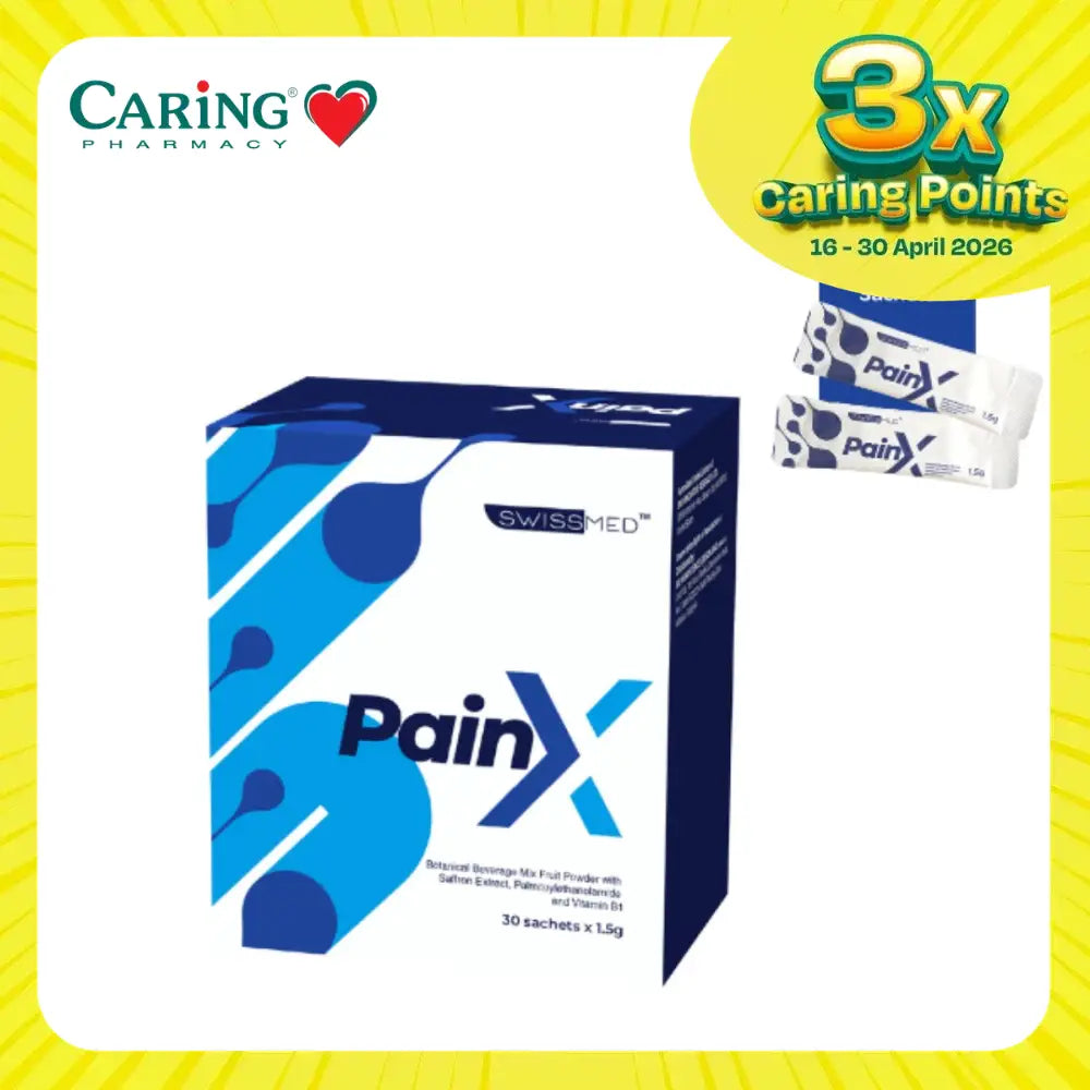 SWISSMED PainX sachets Malaysia in a blue and white box containing 30 sachets for quick relief