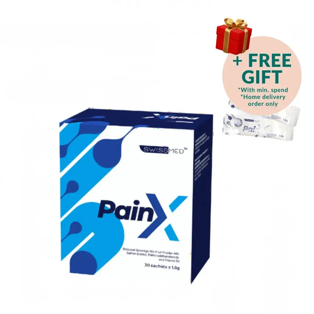SWISSMED PainX sachets Malaysia in a blue and white box containing 30 sachets for quick relief