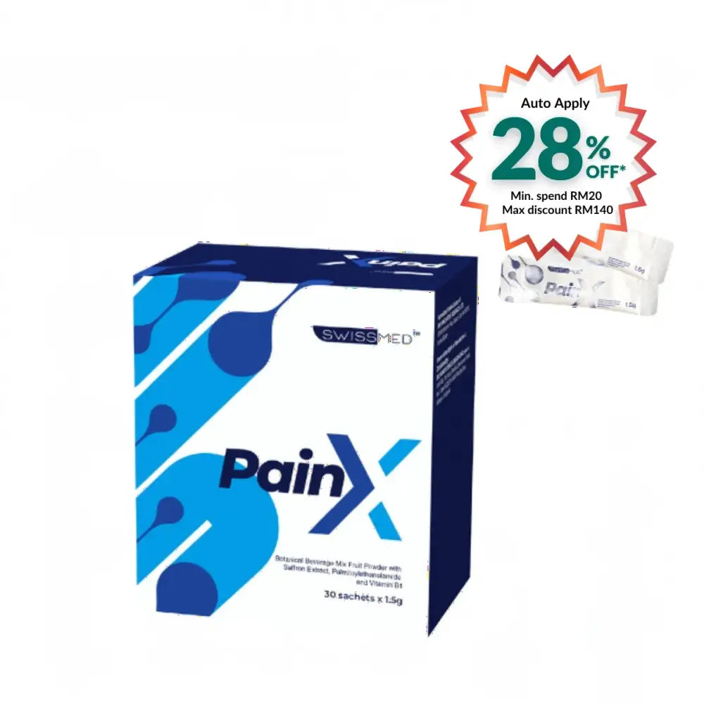 SWISSMED PainX sachets Malaysia in a blue and white box containing 30 sachets for quick relief