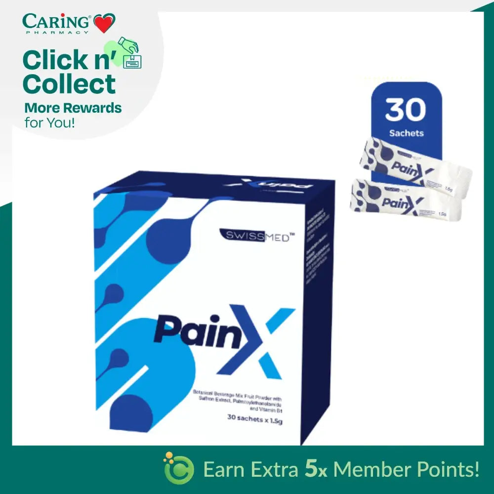 SWISSMED PainX sachets Malaysia in a blue and white box containing 30 sachets for quick relief