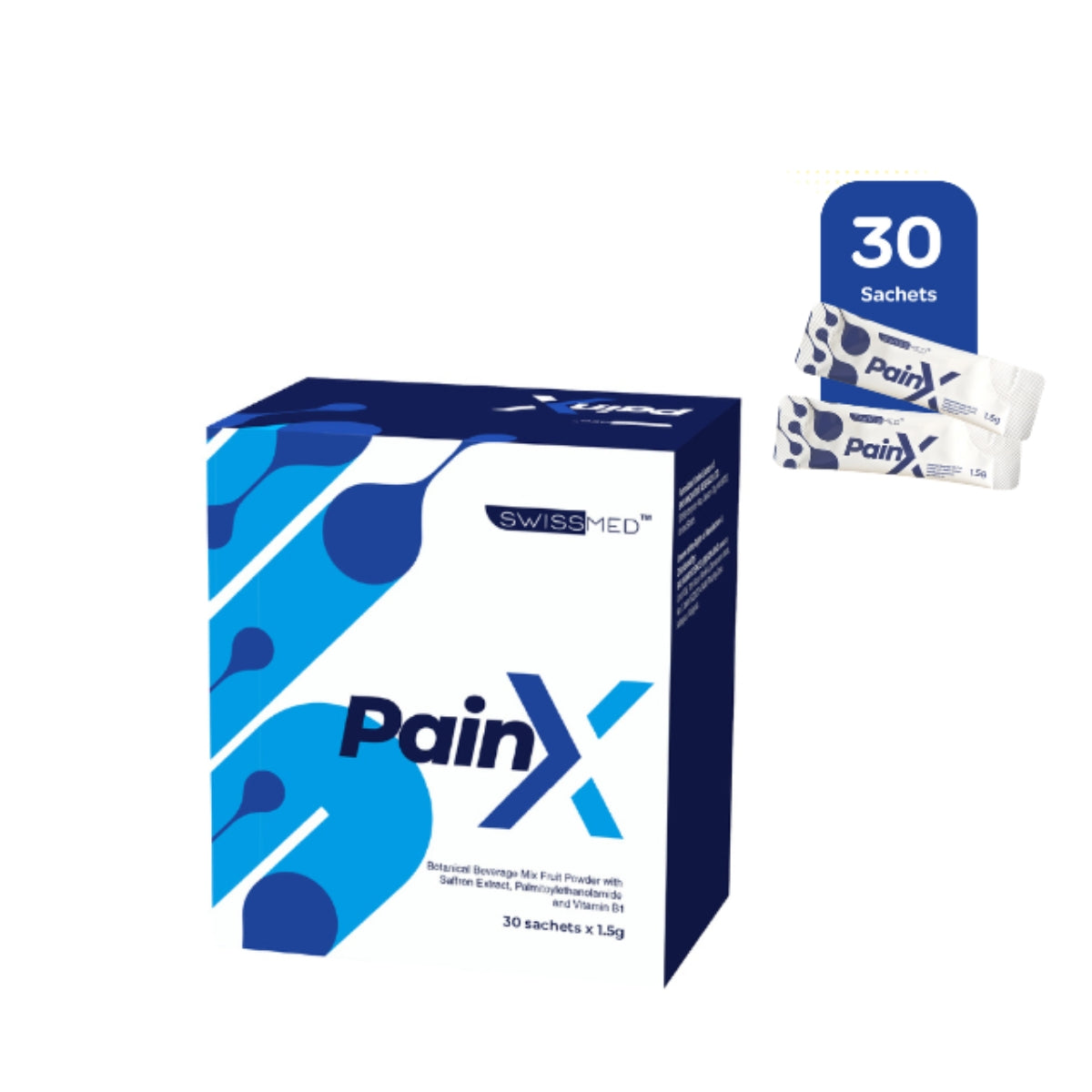 SWISSMED PainX sachets Malaysia in a blue and white box containing 30 sachets for quick relief