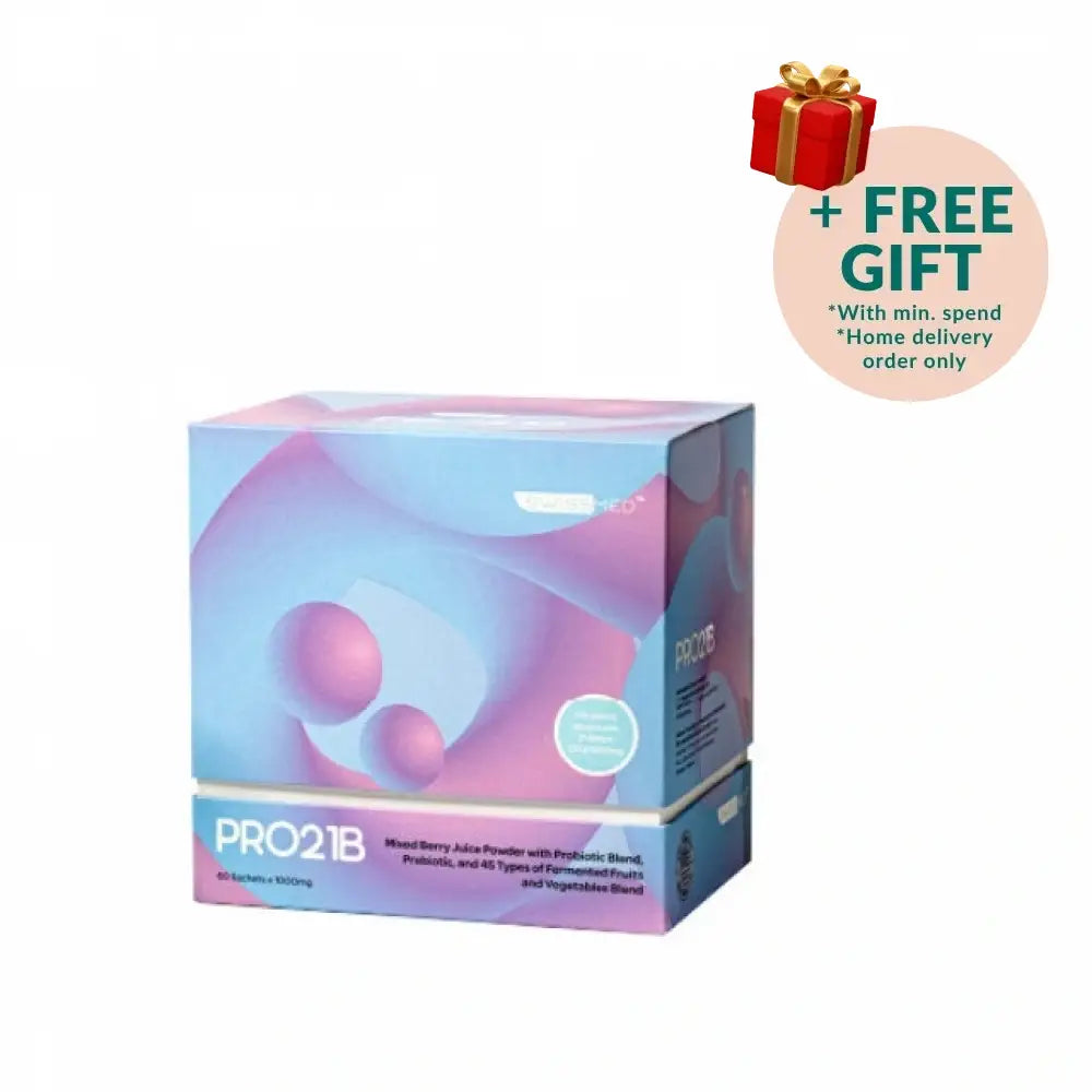 SWISSMED PRO21B probiotics supplement box with 60 sachets of berry flavor powder