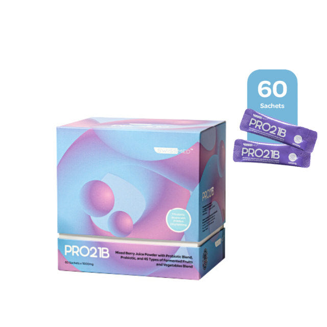 SWISSMED PRO21B probiotics supplement box with 60 sachets of berry flavor powder