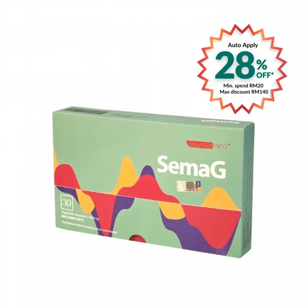 Swissmed SemaG 30S capsules packaging featuring colorful design for dietary supplementation