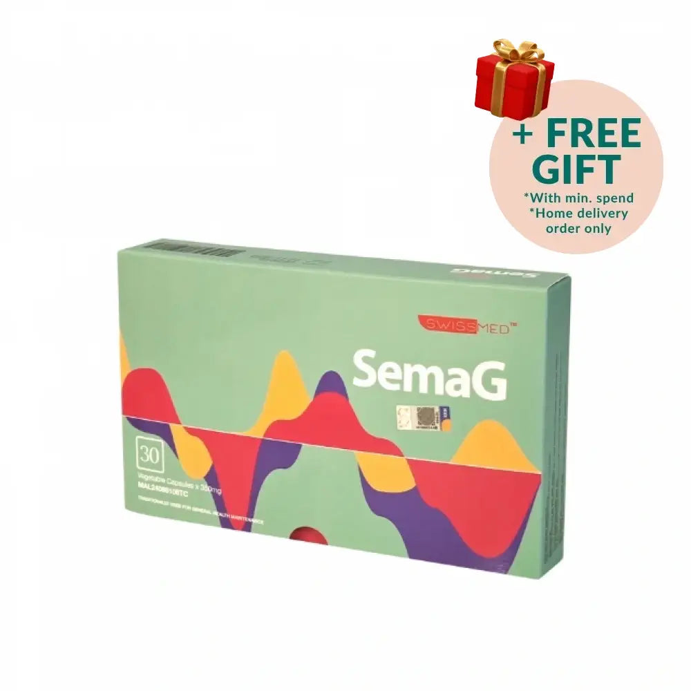 Swissmed SemaG 30S capsules packaging featuring colorful design for dietary supplementation