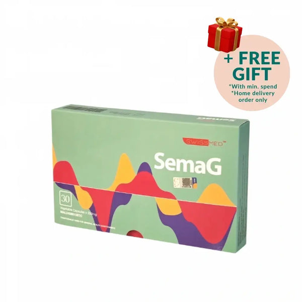 Swissmed SemaG 30S capsules packaging featuring colorful design for dietary supplementation