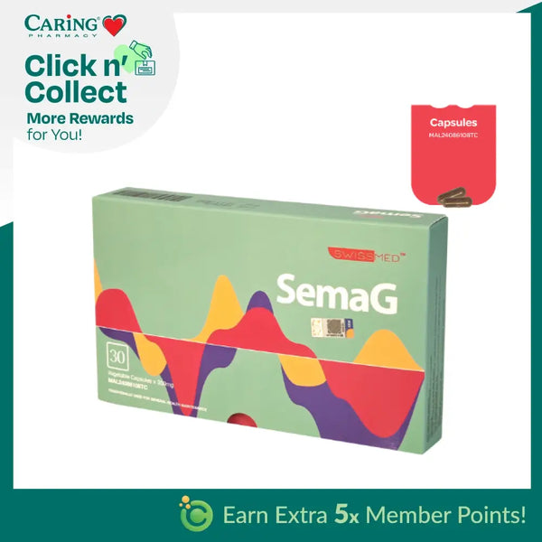 Swissmed SemaG 30S capsules packaging featuring colorful design for dietary supplementation