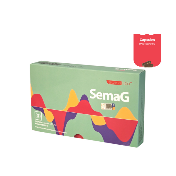 Swissmed SemaG 30S capsules packaging featuring colorful design for dietary supplementation