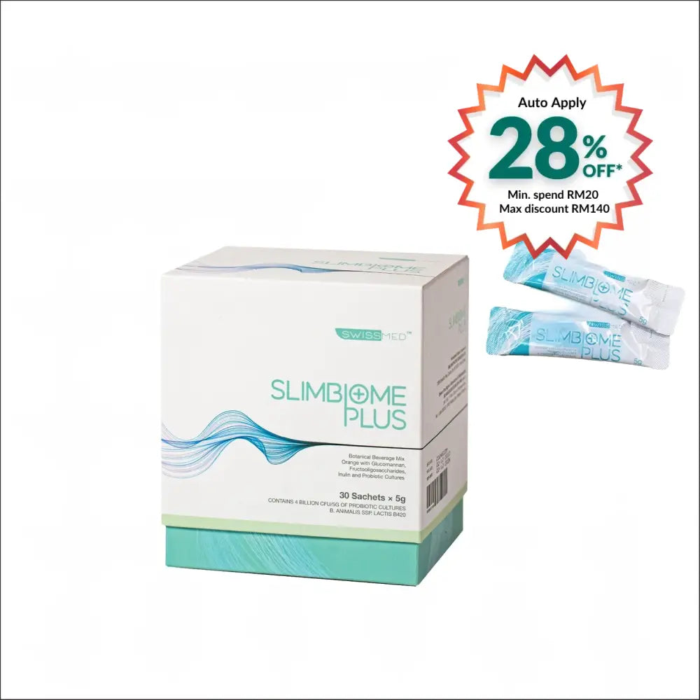 Swissmed Slimbiome Plus supplement box containing 30 sachets for weight management support