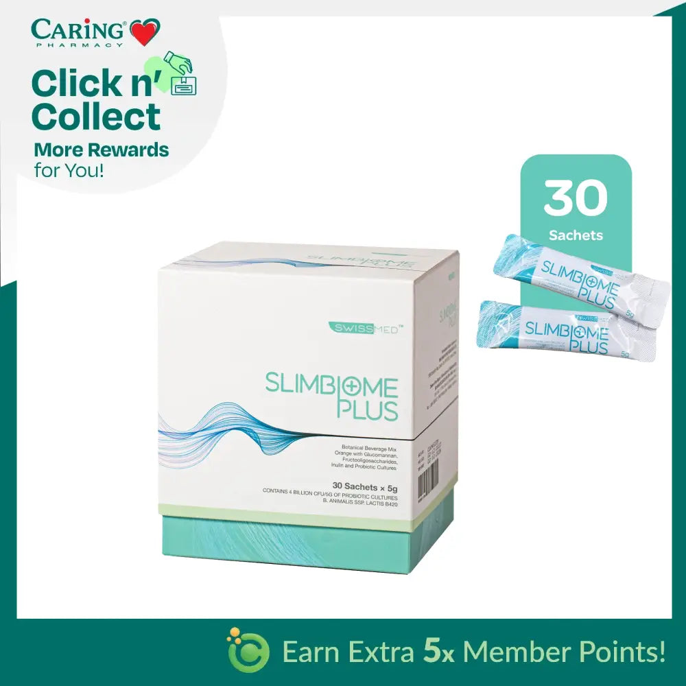 Swissmed Slimbiome Plus supplement box containing 30 sachets for weight management support