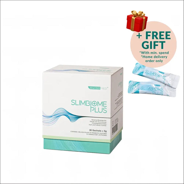 Swissmed Slimbiome Plus supplement box containing 30 sachets for weight management support